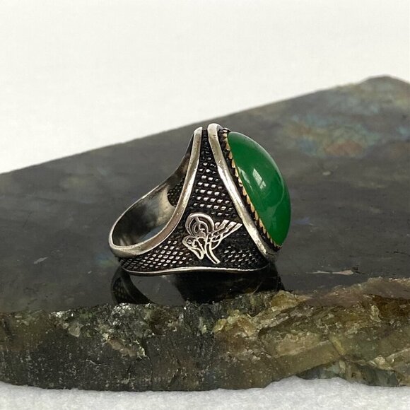 Sterling Silver 925 Green Chalcedony Turkish Ottoman Tughra Unisex Ring Sz 9.25 - Picture 3 of 16